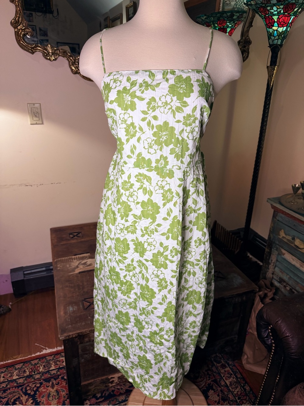 Summer Ivy Celedon Green Floral Spaghetti-Strap Sundress